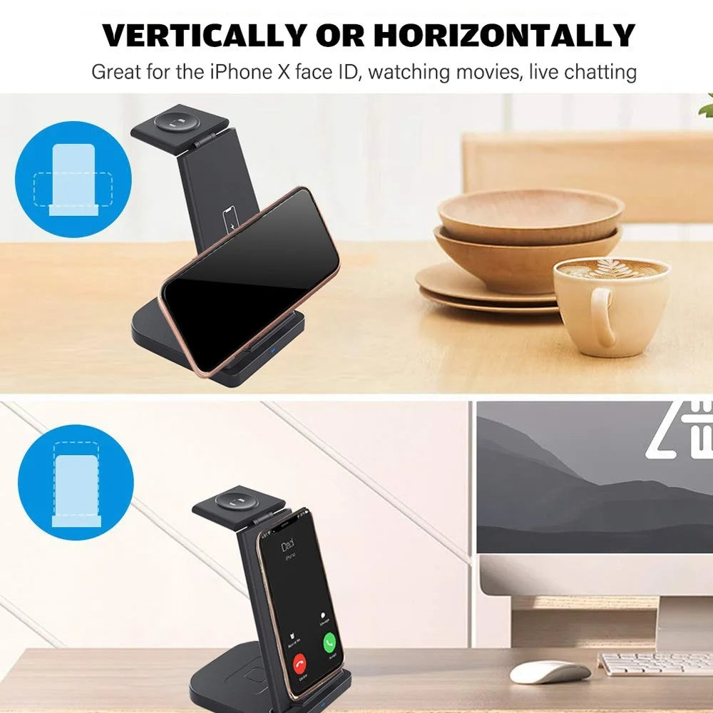 B-12 Universal Desktop Charger 3-in-1 15W Wireless Charging Folding Stand for Mobile Phone / Earphones / Smart Watch - Black - 7