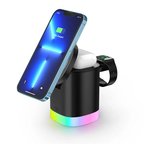 T15 3 in 1 Magnetic Wireless Charger Folding Charging Stand for iPhone iWatch AirPods Cordless Charging Station with RGB Light - Black - 1