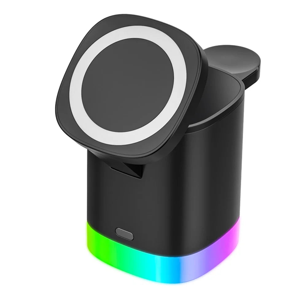 T15 3 in 1 Magnetic Wireless Charger Folding Charging Stand for iPhone iWatch AirPods Cordless Charging Station with RGB Light - Black - 2