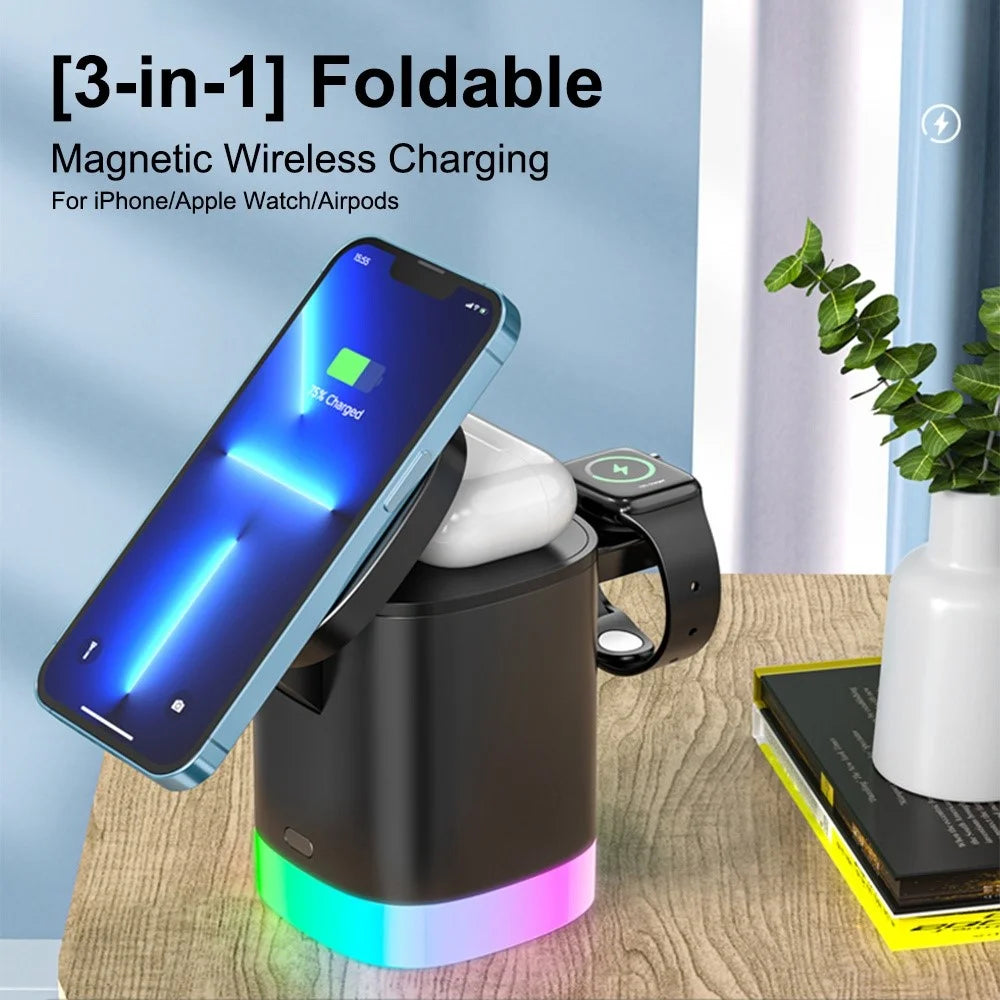 T15 3 in 1 Magnetic Wireless Charger Folding Charging Stand for iPhone iWatch AirPods Cordless Charging Station with RGB Light - Black - 3