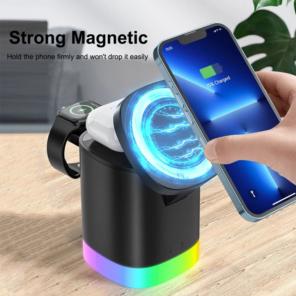 T15 3 in 1 Magnetic Wireless Charger Folding Charging Stand for iPhone iWatch AirPods Cordless Charging Station with RGB Light - Black - 4