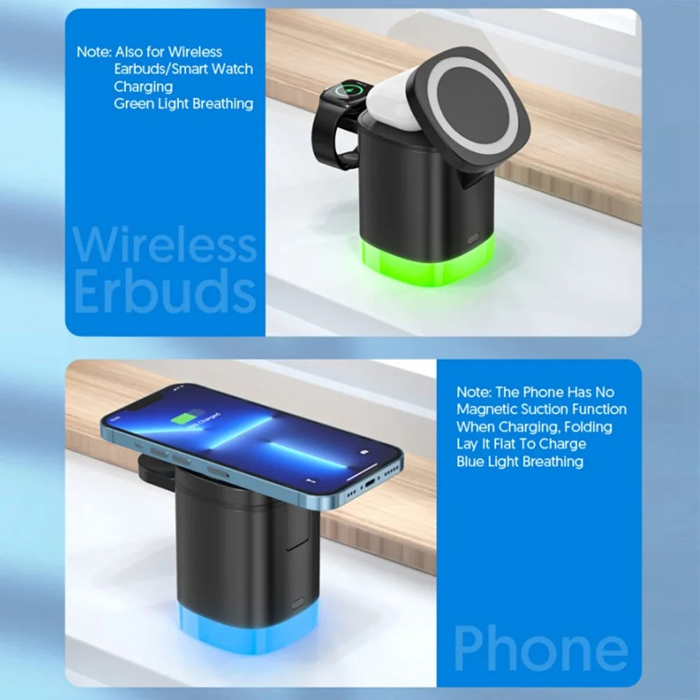 T15 3 in 1 Magnetic Wireless Charger Folding Charging Stand for iPhone iWatch AirPods Cordless Charging Station with RGB Light - Black - 5