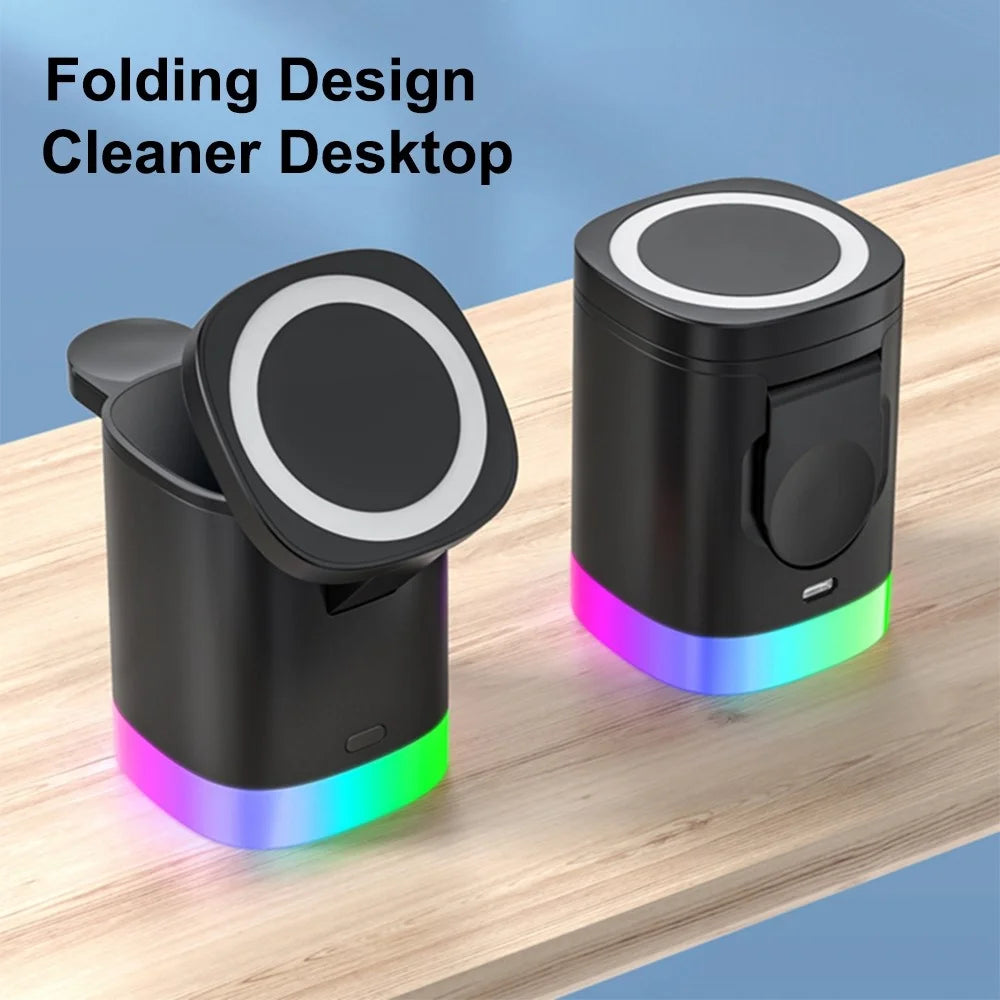 T15 3 in 1 Magnetic Wireless Charger Folding Charging Stand for iPhone iWatch AirPods Cordless Charging Station with RGB Light - Black - 6
