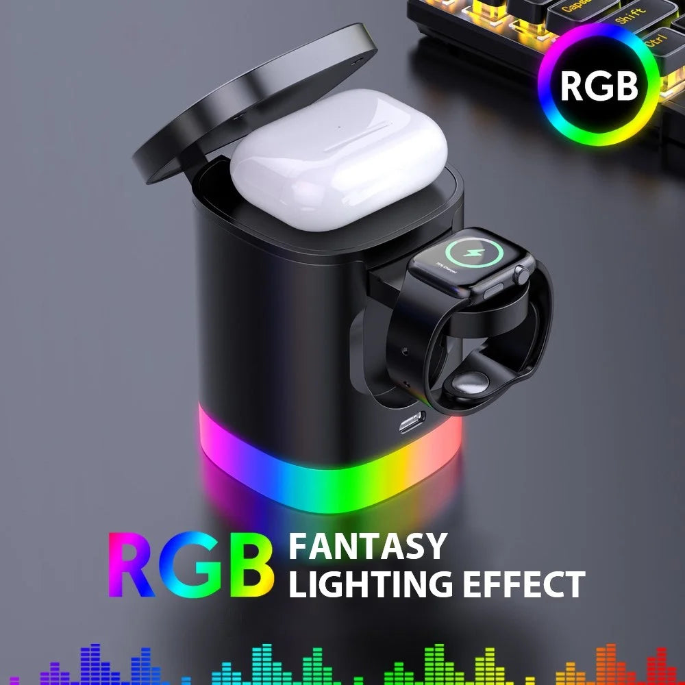 T15 3 in 1 Magnetic Wireless Charger Folding Charging Stand for iPhone iWatch AirPods Cordless Charging Station with RGB Light - Black - 7