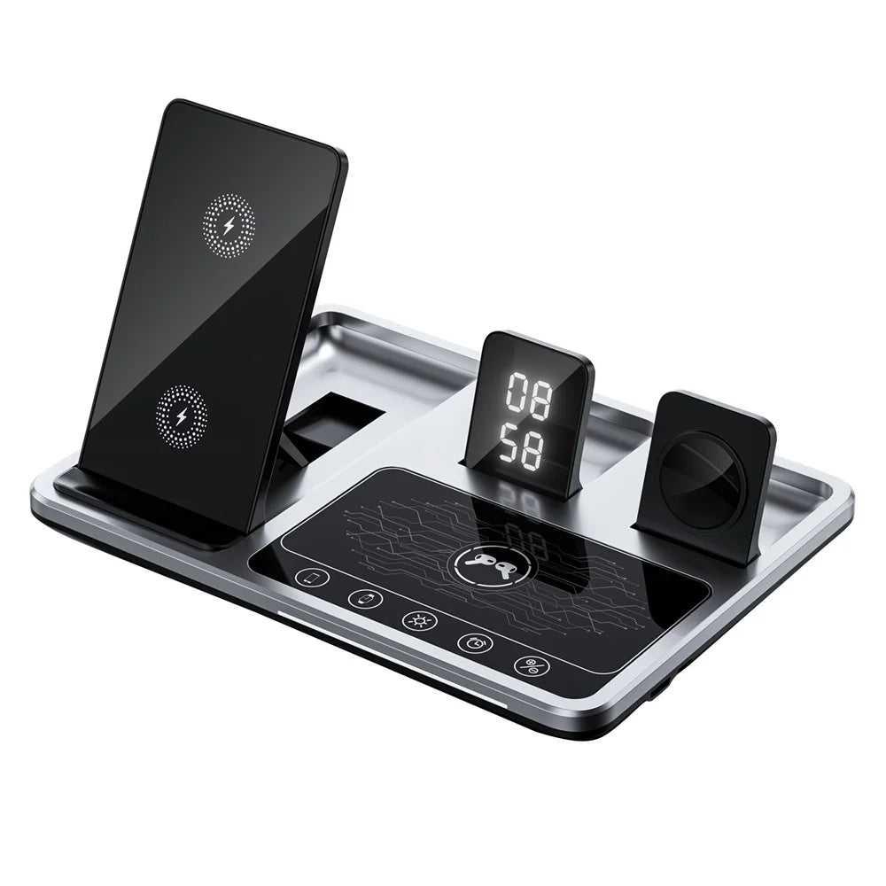 R11 Multifunctional 4 in 1 Wireless Charger Folding Portable Charging Station with Digital Display, White Light, Time Function - 1