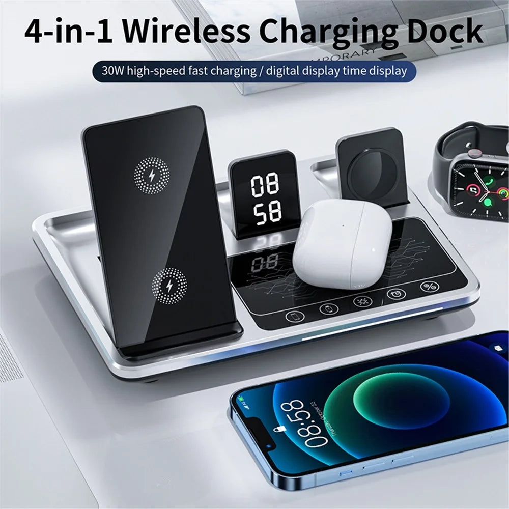 R11 Multifunctional 4 in 1 Wireless Charger Folding Portable Charging Station with Digital Display, White Light, Time Function - 2