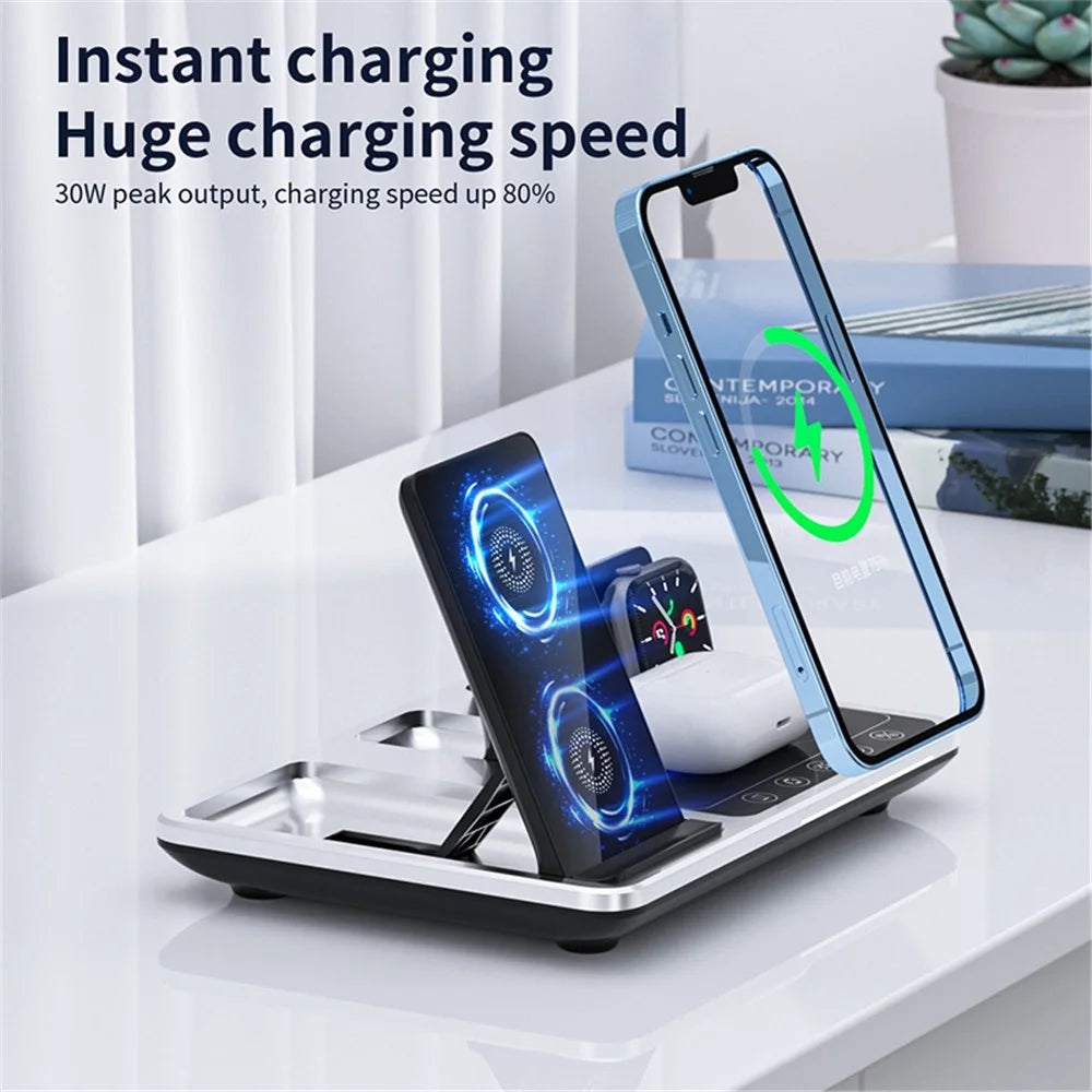 R11 Multifunctional 4 in 1 Wireless Charger Folding Portable Charging Station with Digital Display, White Light, Time Function - 3