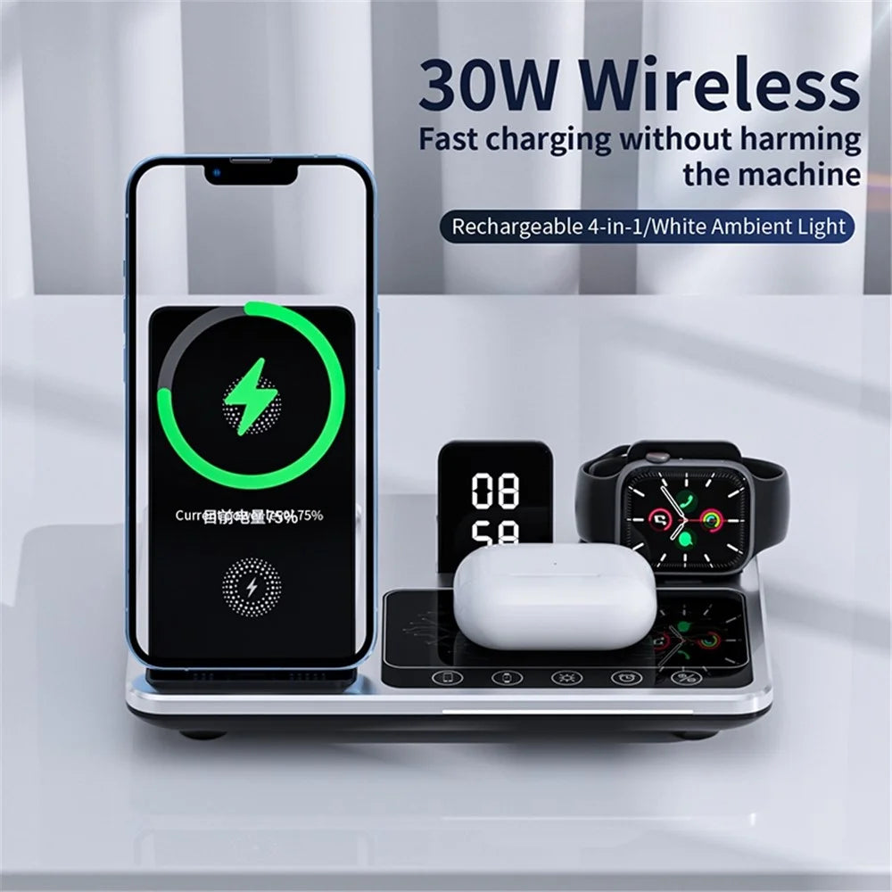 R11 Multifunctional 4 in 1 Wireless Charger Folding Portable Charging Station with Digital Display, White Light, Time Function - 4