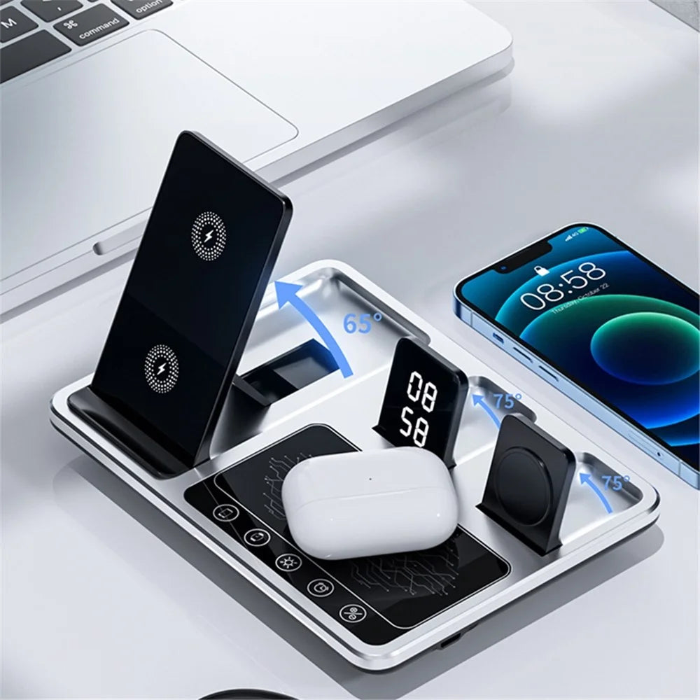 R11 Multifunctional 4 in 1 Wireless Charger Folding Portable Charging Station with Digital Display, White Light, Time Function - 5