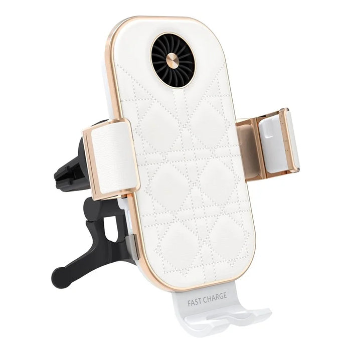 C38 Grid Texture PU Leather Coated Mobile Phone Holder Wireless Charger with Cooling Fan for Samsung Galaxy Z Flip3 / Flip4 / iPhone - 1