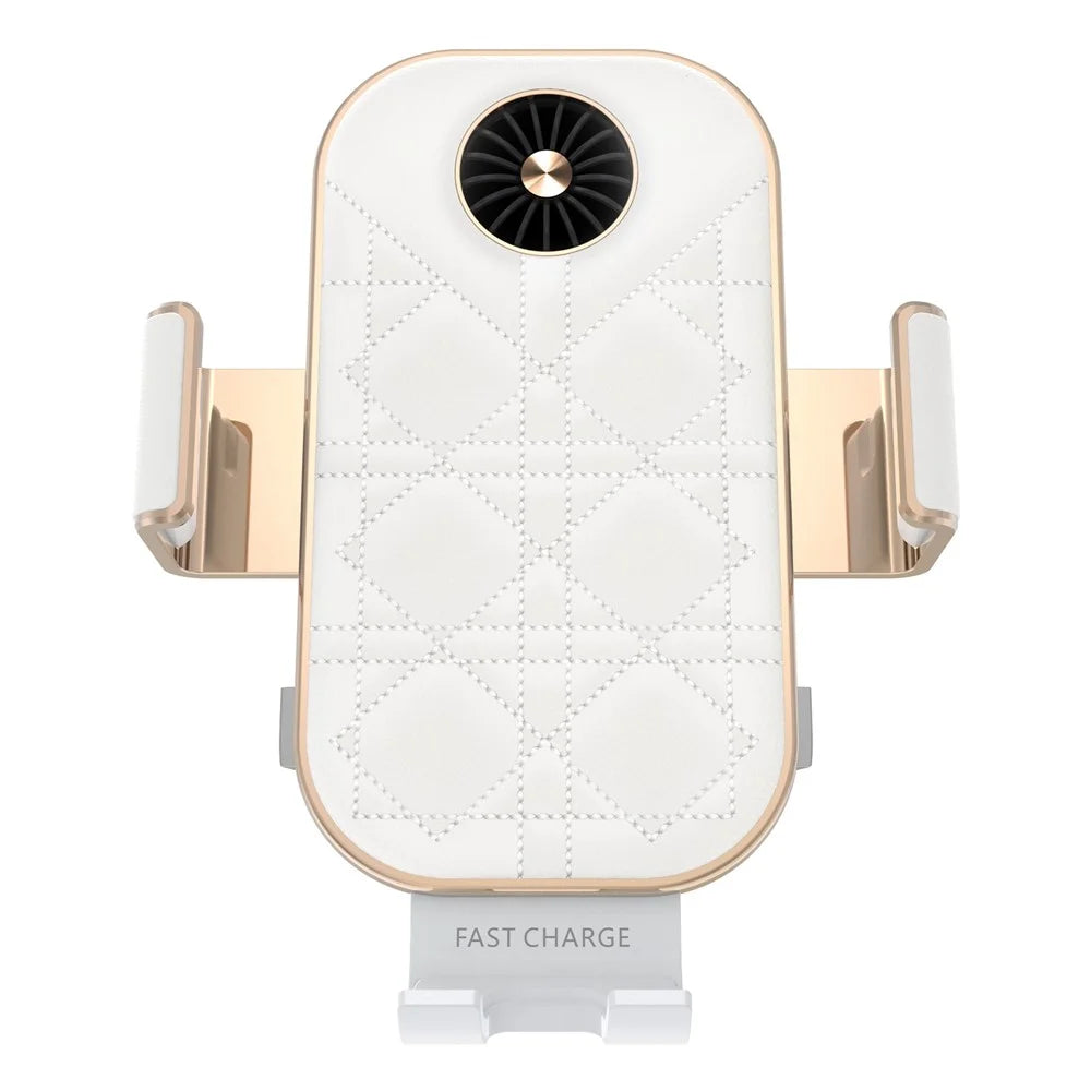 C38 Grid Texture PU Leather Coated Mobile Phone Holder Wireless Charger with Cooling Fan for Samsung Galaxy Z Flip3 / Flip4 / iPhone - 3