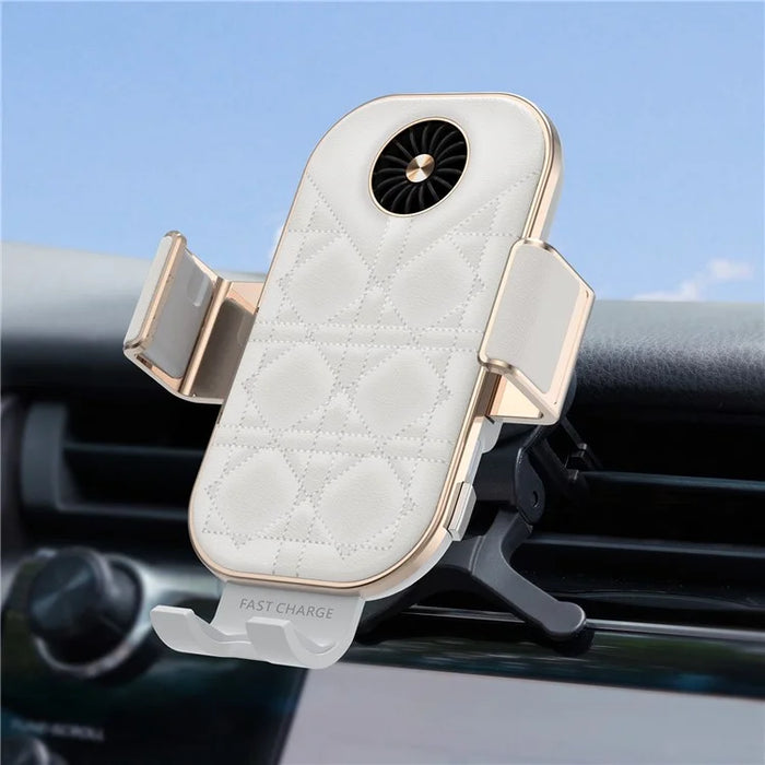 C38 Grid Texture PU Leather Coated Mobile Phone Holder Wireless Charger with Cooling Fan for Samsung Galaxy Z Flip3 / Flip4 / iPhone - 6