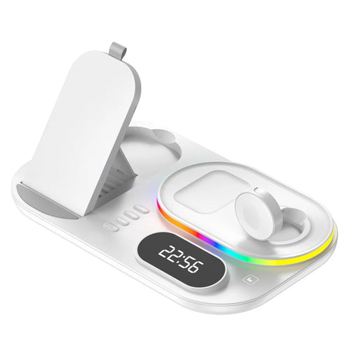 A06 4-in-1 Phone Watch Earphone Wireless Charger Digital Clock 15W Phone Wireless Charging Stand with RGB Light (for Samsung Smart Watch) - White - 1
