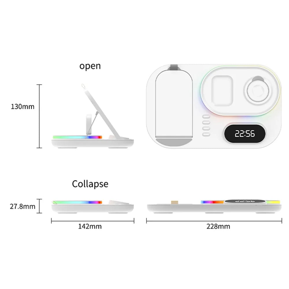 A06 4-in-1 Phone Watch Earphone Wireless Charger Digital Clock 15W Phone Wireless Charging Stand with RGB Light (for Samsung Smart Watch) - White - 7