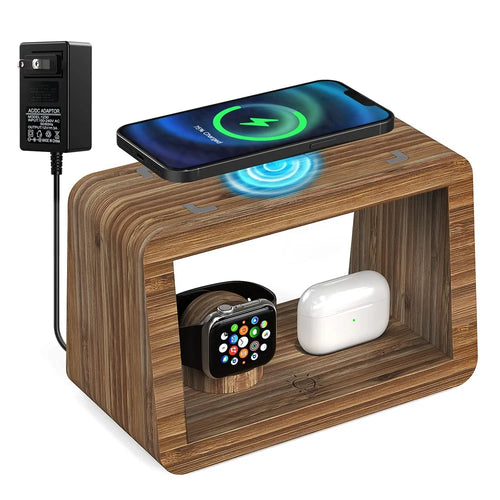 DCR-028 Bamboo 5-in-1 Wireless Charger Mobile Phone Charging Stand with Digital Alarm Clock, Night Light, Desktop Smart Watch Charging Station - EU Plug - 1