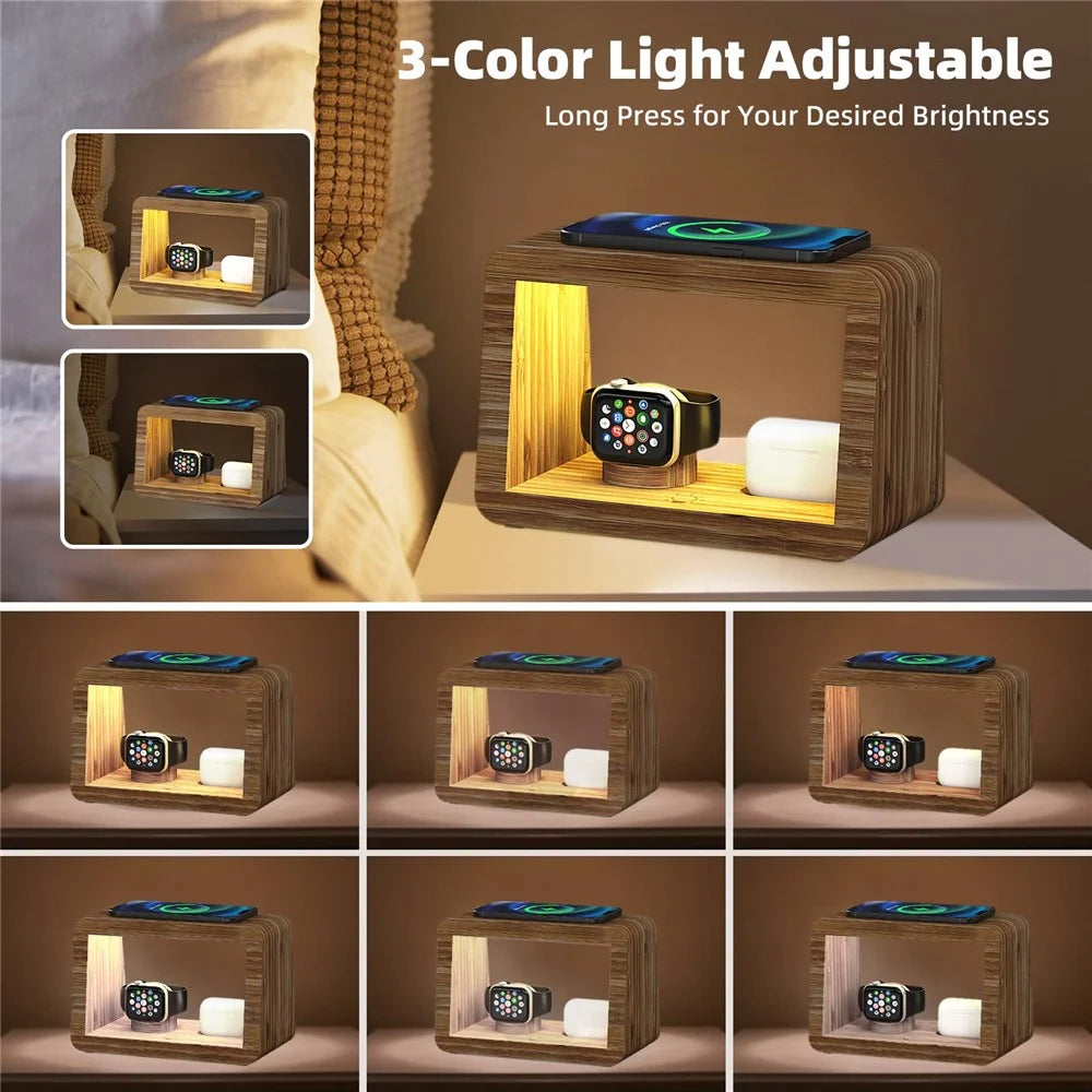 DCR-028 Bamboo 5-in-1 Wireless Charger Mobile Phone Charging Stand with Digital Alarm Clock, Night Light, Desktop Smart Watch Charging Station - EU Plug - 2