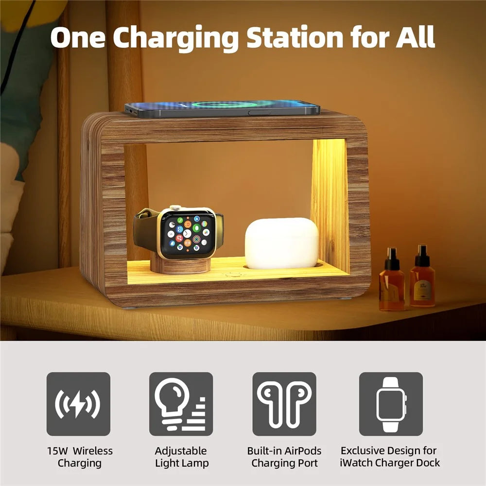 DCR-028 Bamboo 5-in-1 Wireless Charger Mobile Phone Charging Stand with Digital Alarm Clock, Night Light, Desktop Smart Watch Charging Station - EU Plug - 3
