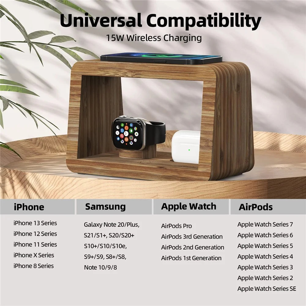 DCR-028 Bamboo 5-in-1 Wireless Charger Mobile Phone Charging Stand with Digital Alarm Clock, Night Light, Desktop Smart Watch Charging Station - EU Plug - 4