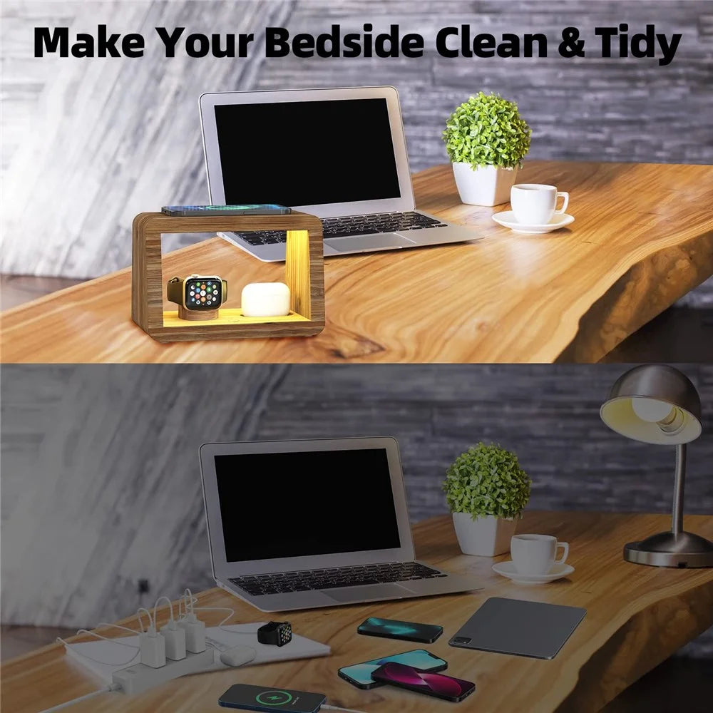DCR-028 Bamboo 5-in-1 Wireless Charger Mobile Phone Charging Stand with Digital Alarm Clock, Night Light, Desktop Smart Watch Charging Station - EU Plug - 5