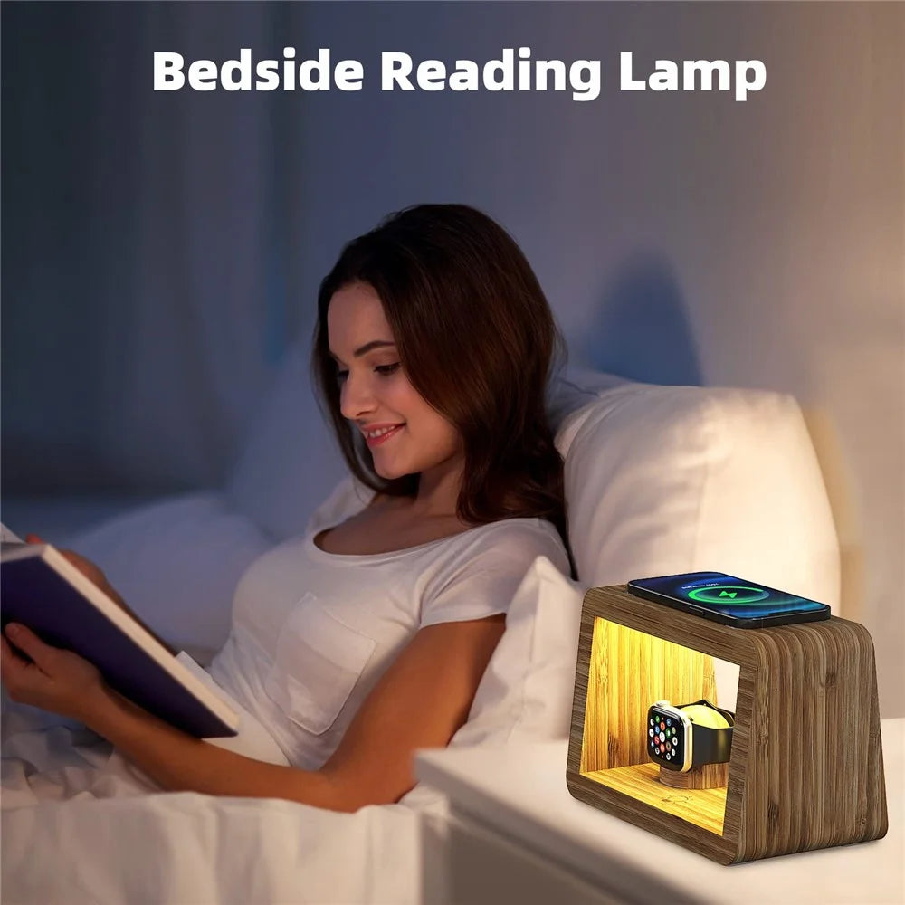 DCR-028 Bamboo 5-in-1 Wireless Charger Mobile Phone Charging Stand with Digital Alarm Clock, Night Light, Desktop Smart Watch Charging Station - EU Plug - 6