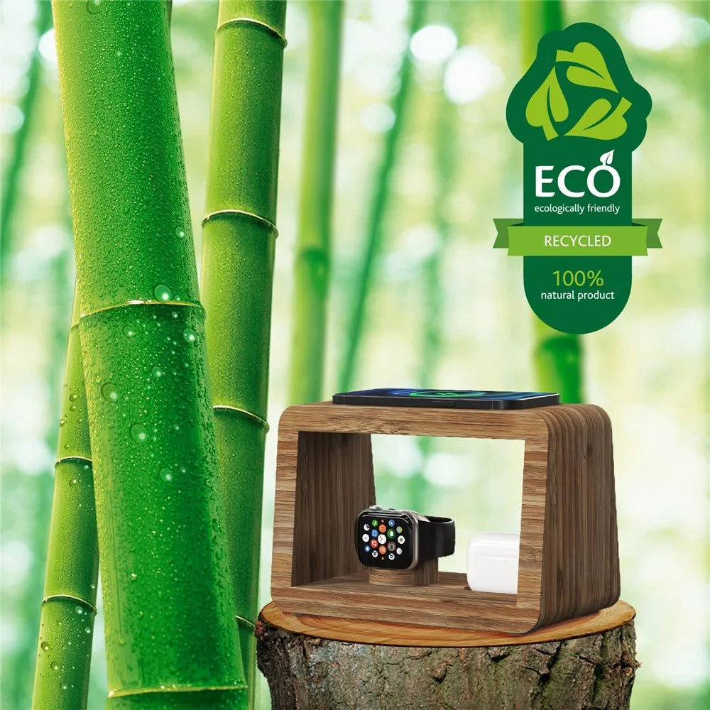 DCR-028 Bamboo 5-in-1 Wireless Charger Mobile Phone Charging Stand with Digital Alarm Clock, Night Light, Desktop Smart Watch Charging Station - EU Plug - 7