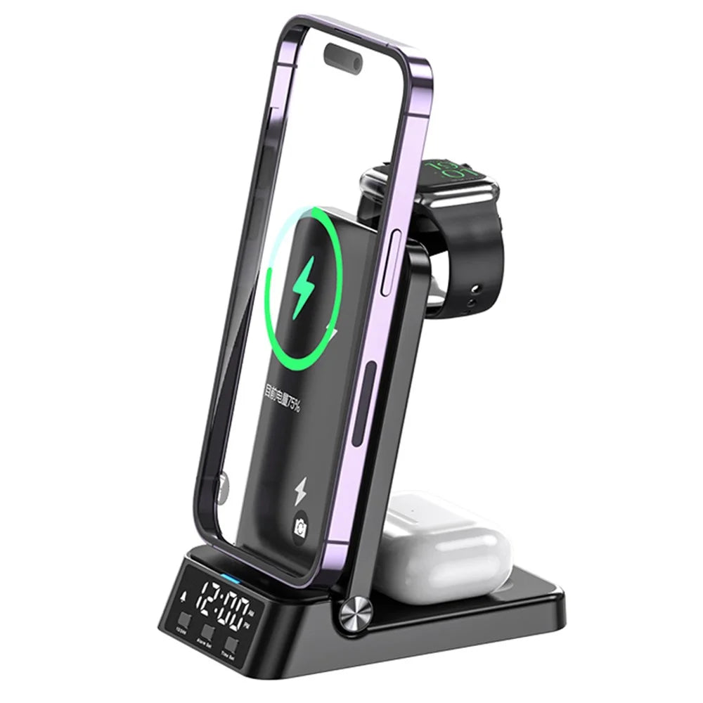 A60 4-in-1 15W Wireless Charger Folding Cell Phone Charging Stand Headset Smart Watch Charging Station with Clock (For Apple Watch Version) - Black - 1