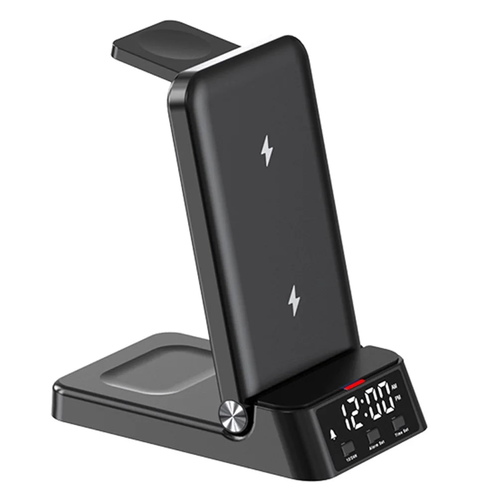 A60 4-in-1 15W Wireless Charger Folding Cell Phone Charging Stand Headset Smart Watch Charging Station with Clock (For Apple Watch Version) - Black - 2