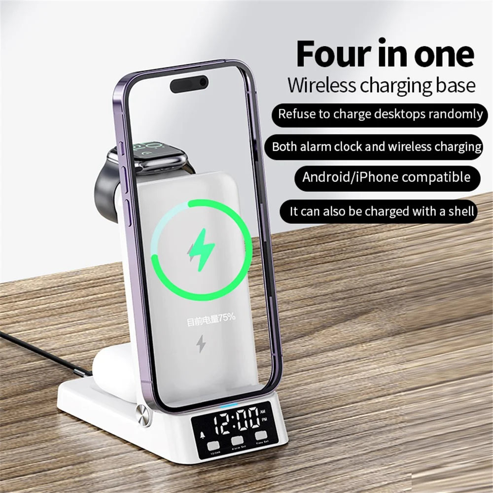 A60 4-in-1 15W Wireless Charger Folding Cell Phone Charging Stand Headset Smart Watch Charging Station with Clock (For Apple Watch Version) - Black - 4