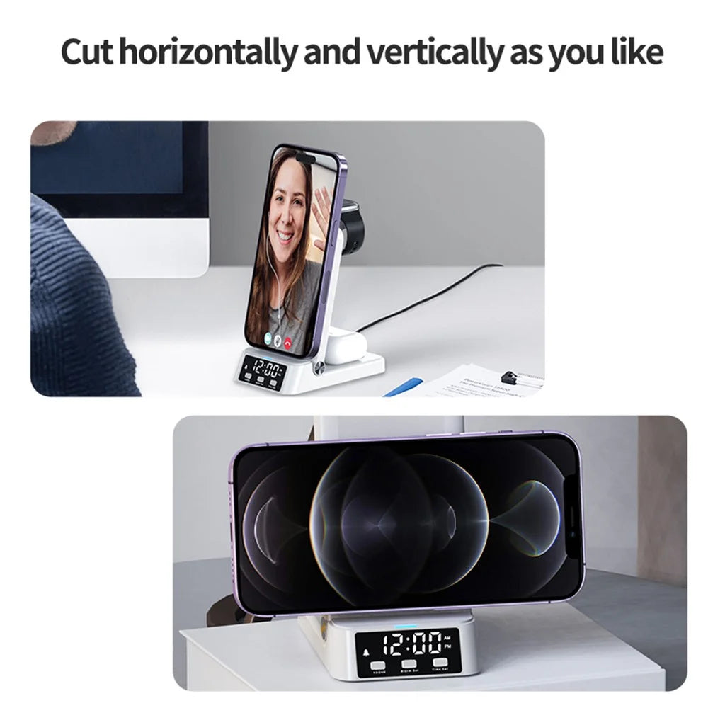 A60 4-in-1 15W Wireless Charger Folding Cell Phone Charging Stand Headset Smart Watch Charging Station with Clock (For Apple Watch Version) - Black - 6