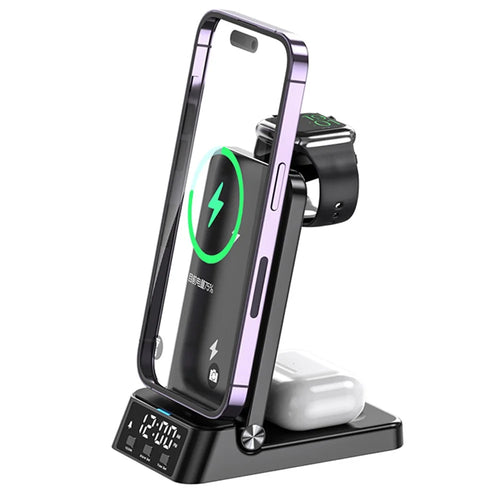 A60 4-in-1 15W Wireless Charger Folding Cell Phone Charging Stand with Clock Bluetooth-compatible Earbuds Smart Watch Charging Station (For Samsung Watch Version) - Black - 1