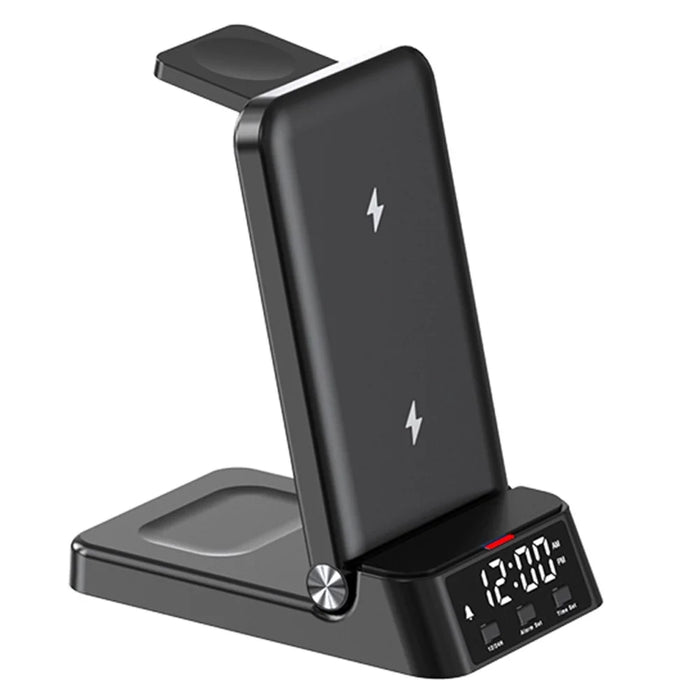 A60 4-in-1 15W Wireless Charger Folding Cell Phone Charging Stand with Clock Bluetooth-compatible Earbuds Smart Watch Charging Station (For Samsung Watch Version) - Black - 2