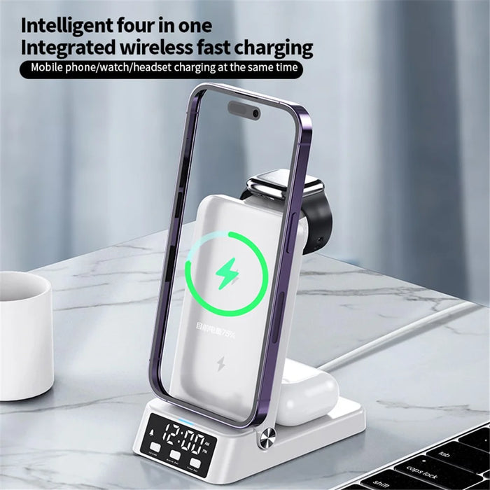 A60 4-in-1 15W Wireless Charger Folding Cell Phone Charging Stand with Clock Bluetooth-compatible Earbuds Smart Watch Charging Station (For Samsung Watch Version) - Black - 4