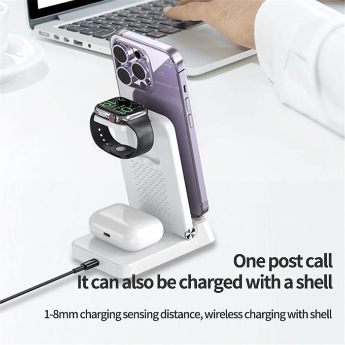 A60 4-in-1 15W Wireless Charger Folding Cell Phone Charging Stand with Clock Bluetooth-compatible Earbuds Smart Watch Charging Station (For Samsung Watch Version) - Black - 5