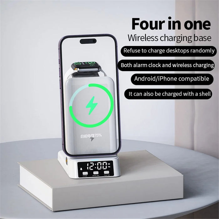 A60 4-in-1 15W Wireless Charger Folding Cell Phone Charging Stand with Clock Bluetooth-compatible Earbuds Smart Watch Charging Station (For Samsung Watch Version) - Black - 6