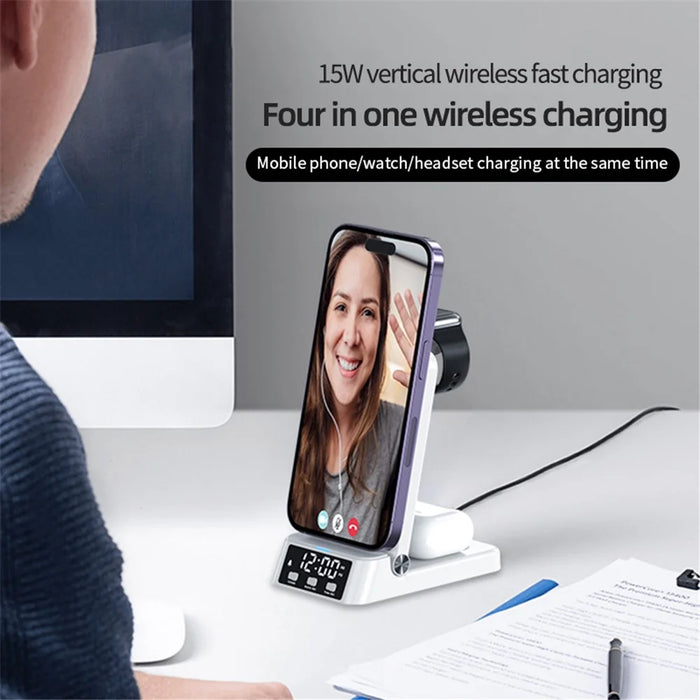 A60 4-in-1 15W Wireless Charger Folding Cell Phone Charging Stand with Clock Bluetooth-compatible Earbuds Smart Watch Charging Station (For Samsung Watch Version) - Black - 7