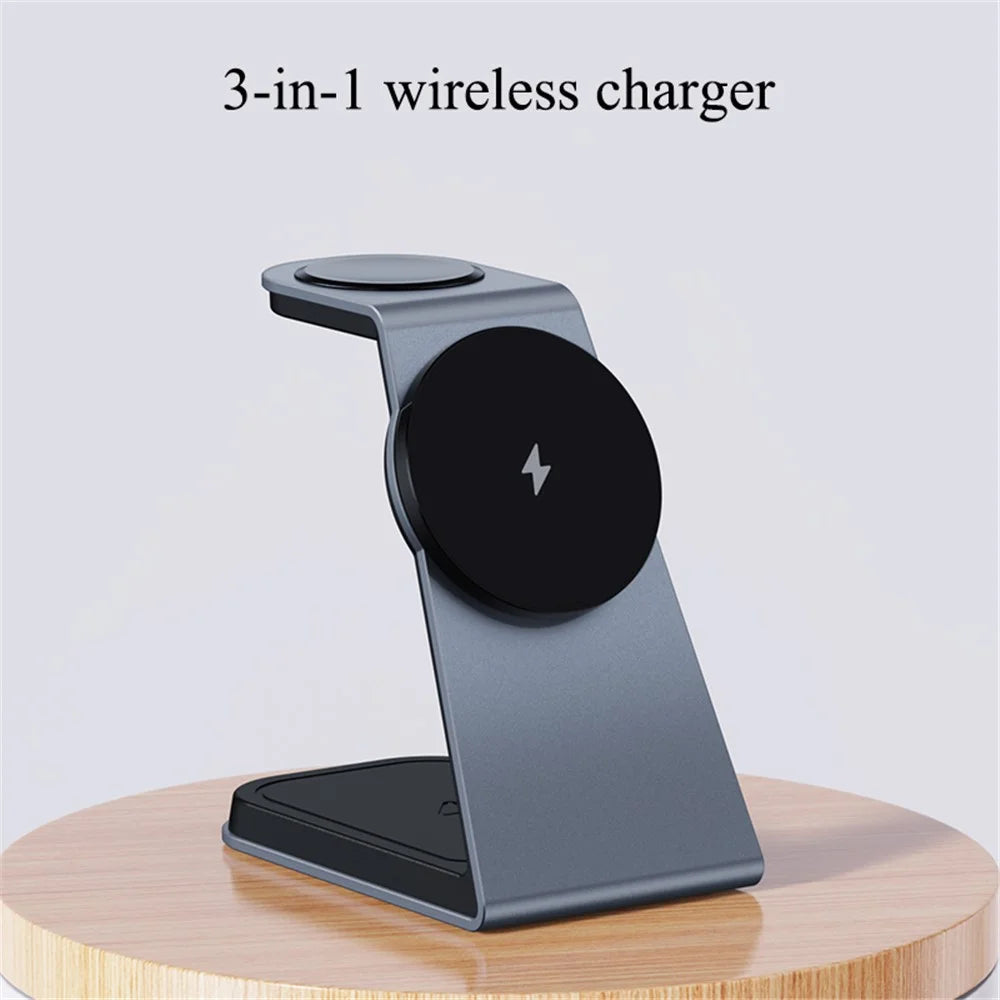 IFORCE T3 3-in-1 Magnetic Wireless Charger 15W Fast Charging Stand Dock for iWatch AirPod Phone - Grey - 2