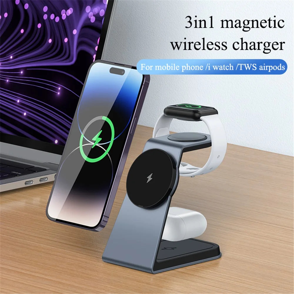 IFORCE T3 3-in-1 Magnetic Wireless Charger 15W Fast Charging Stand Dock for iWatch AirPod Phone - Grey - 3