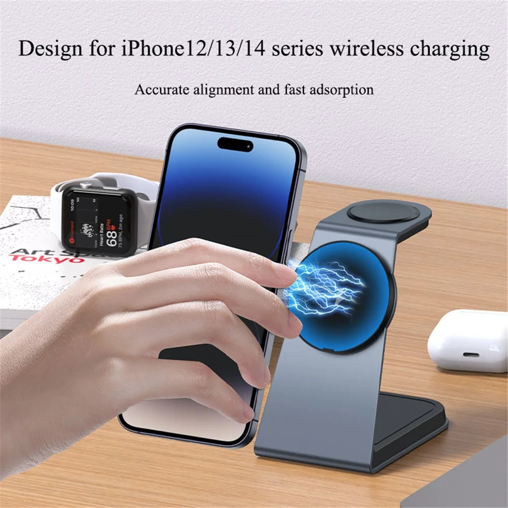 IFORCE T3 3-in-1 Magnetic Wireless Charger 15W Fast Charging Stand Dock for iWatch AirPod Phone - Grey - 4