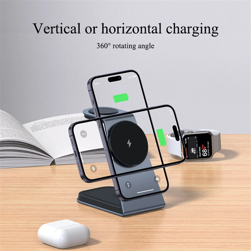 IFORCE T3 3-in-1 Magnetic Wireless Charger 15W Fast Charging Stand Dock for iWatch AirPod Phone - Grey - 5