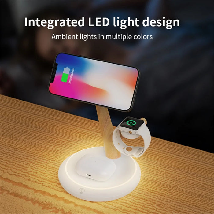 TH02 Tree Branch Design 3 in 1 15W Magnetic Wireless Charger Desktop Charging Stand - White / Wood Color - 3