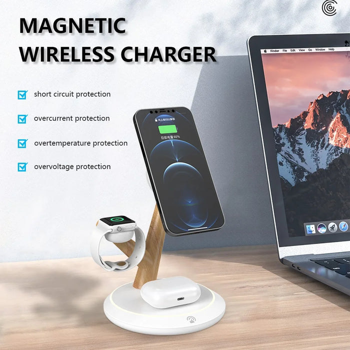 TH02 Tree Branch Design 3 in 1 15W Magnetic Wireless Charger Desktop Charging Stand - White / Wood Color - 4