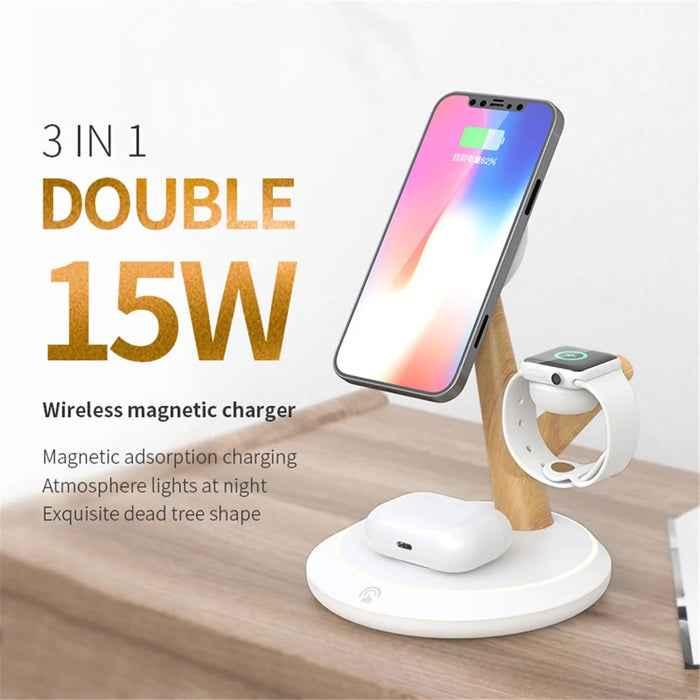 TH02 Tree Branch Design 3 in 1 15W Magnetic Wireless Charger Desktop Charging Stand - White / Wood Color - 5
