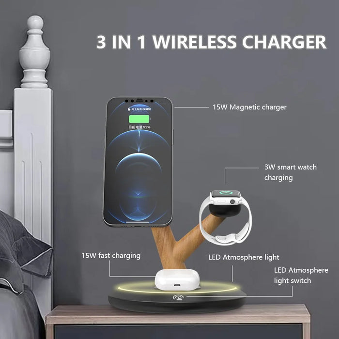 TH02 Tree Branch Design 3 in 1 15W Magnetic Wireless Charger Desktop Charging Stand - White / Wood Color - 7