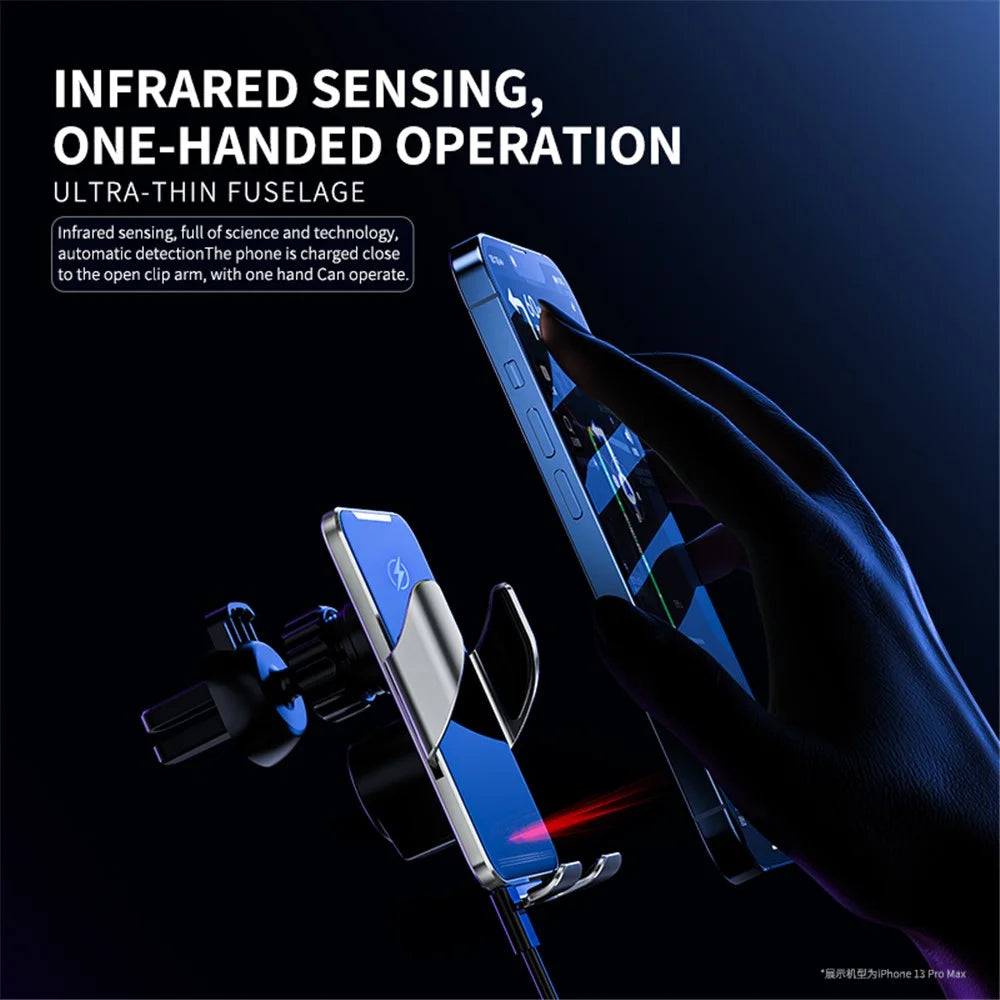 C9 Car Wireless Charger Phone Holder Infrared Auto-Clamping Metal Phone Mount Car Charger - Silver - 4