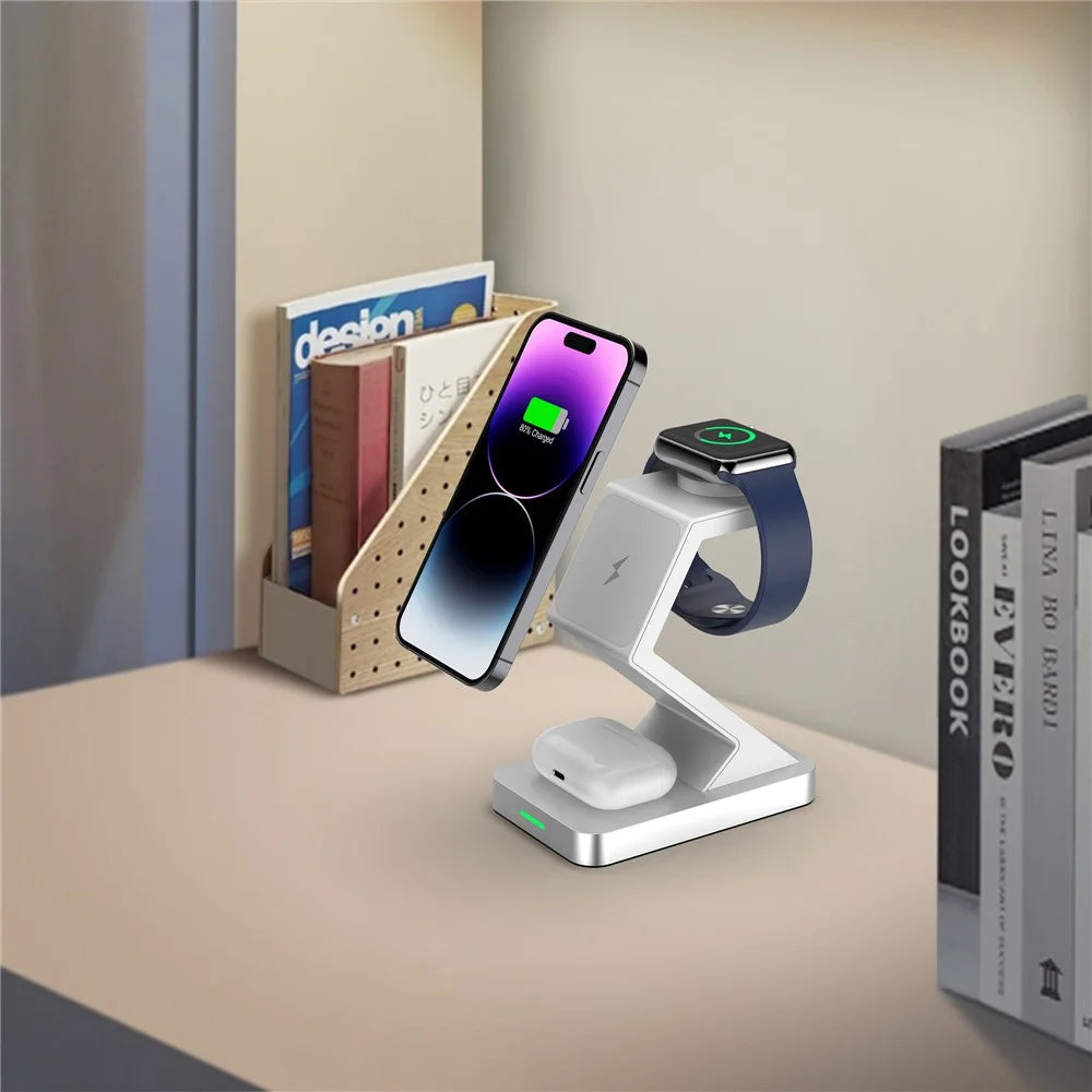 X3 15W Magnetic Wireless Charger for iPhone  /  iWatch  /  AirPods 3-in-1 Fast Charging Stand - White - 2
