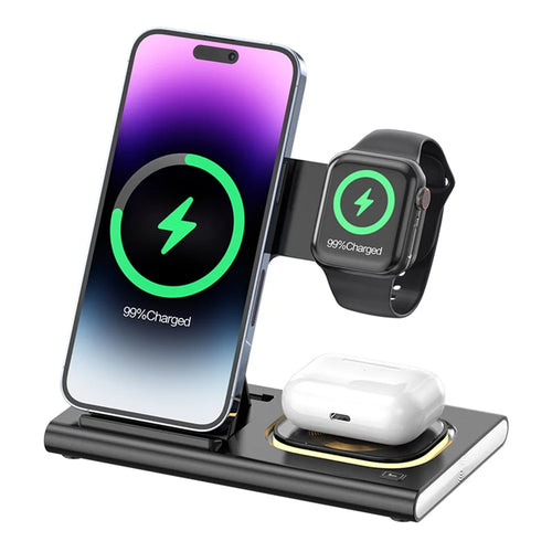 JJT-A80 3-in-1 Desktop Foldable Wireless Charger Phone Watch Earphone Charging Stand with Night Light - Black - 1