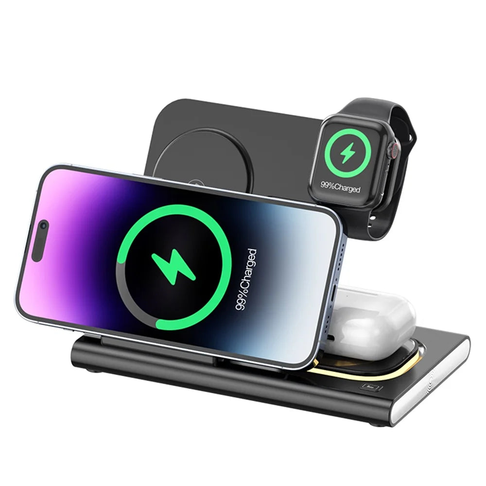 JJT-A80 3-in-1 Desktop Foldable Wireless Charger Phone Watch Earphone Charging Stand with Night Light - Black - 2