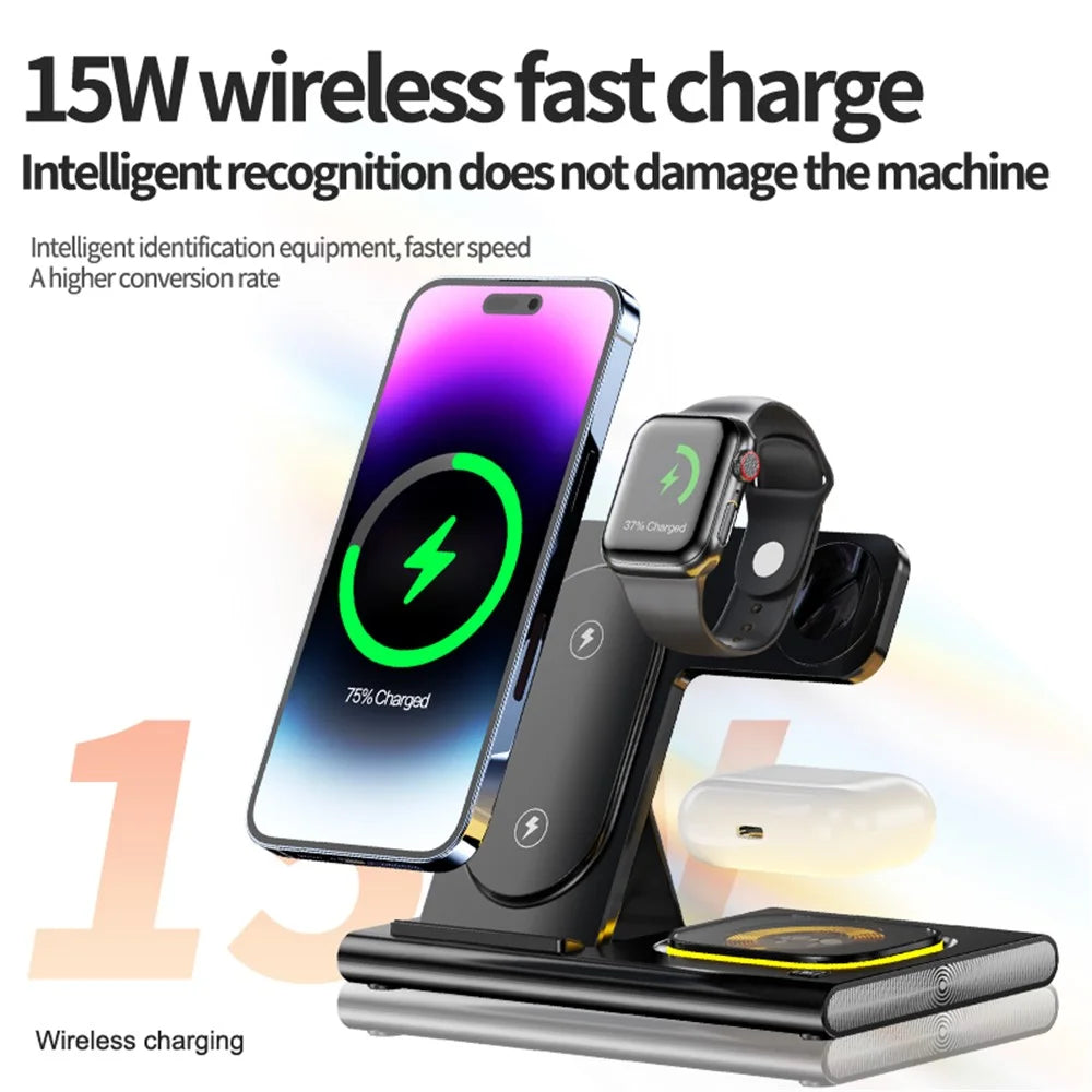 JJT-A80 3-in-1 Desktop Foldable Wireless Charger Phone Watch Earphone Charging Stand with Night Light - Black - 3