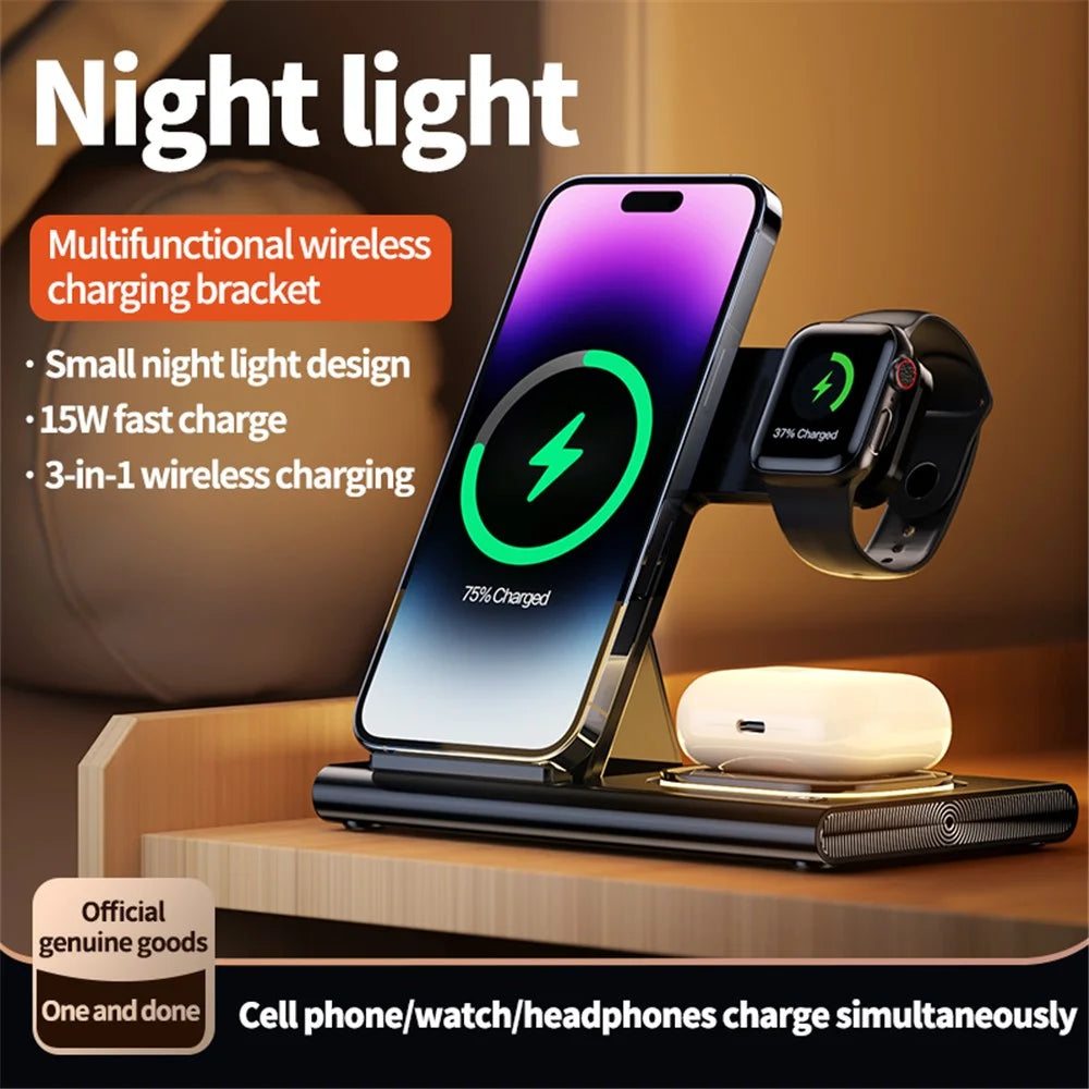 JJT-A80 3-in-1 Desktop Foldable Wireless Charger Phone Watch Earphone Charging Stand with Night Light - Black - 4