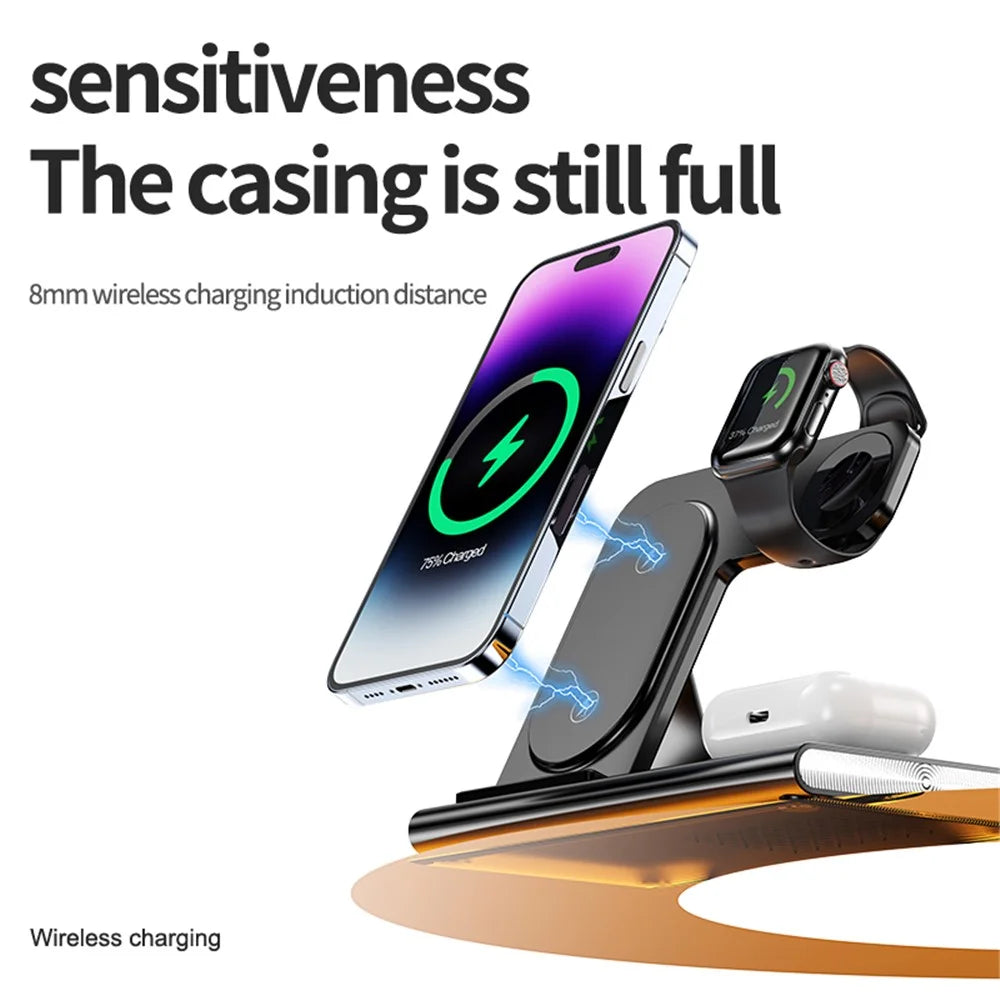 JJT-A80 3-in-1 Desktop Foldable Wireless Charger Phone Watch Earphone Charging Stand with Night Light - Black - 5